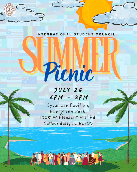 Colorful flyer for ISC Summer Picnic hosted by the International Student Council, July 26, 6-8 PM at Sycamore Pavilion, Evergreen Park, Carbondale, IL. Features beach scene, palm trees, and people gathered. Flags in background.