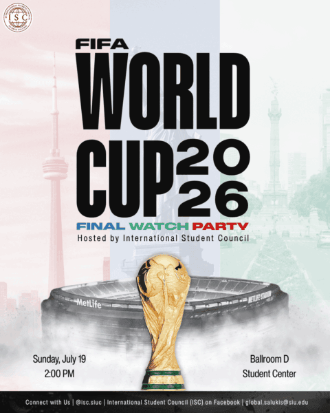 FIFA World Cup 2026 Final Watch Party poster with trophy, city landmarks, and event details: July 19, 2 PM, Ballroom D, Student Center, hosted by International Student Council.