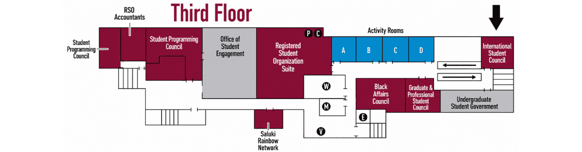Third-floor floor plan of the Student Center showing the locations of student organization offices and activity rooms. The International Student Council office is located at the far right of the floor, indicated by a black arrow. Nearby are the Undergraduate Student Government, Graduate & Professional Student Council, Black Affairs Council, Activity Rooms A–D, Registered Student Organization Suite, Office of Student Engagement, Student Programming Council, Student Programming Council office, RSO Accountants, and Saluki Rainbow Network.